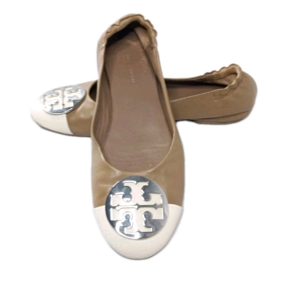 Tory Burch Claire Cap Toe Ballet Flat Shoes  Women's Size 6.5 M Cream & Brown